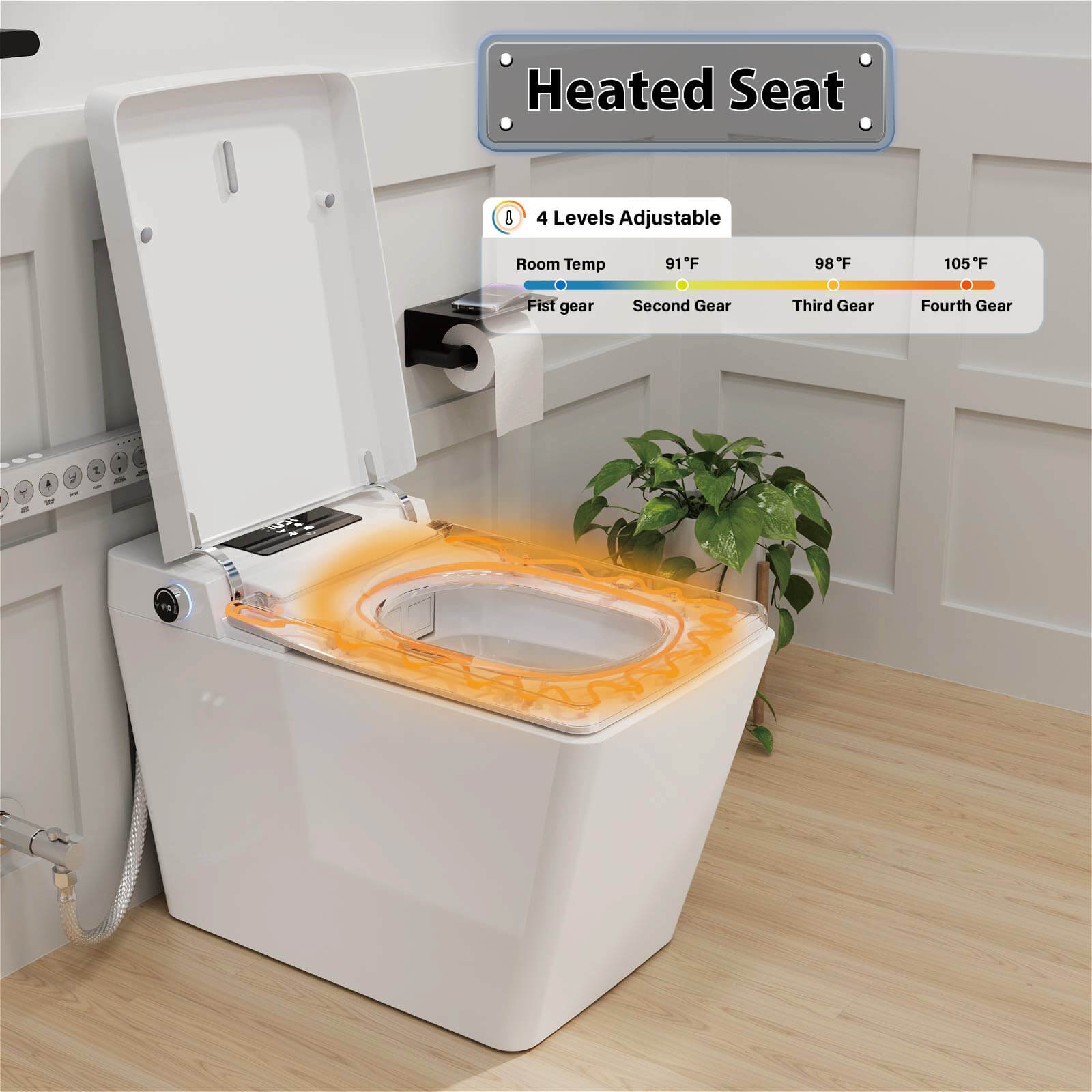 Square Smart Bidet Toilet with Water Tank, Radar Sensor, Heated Seat, Drying Function