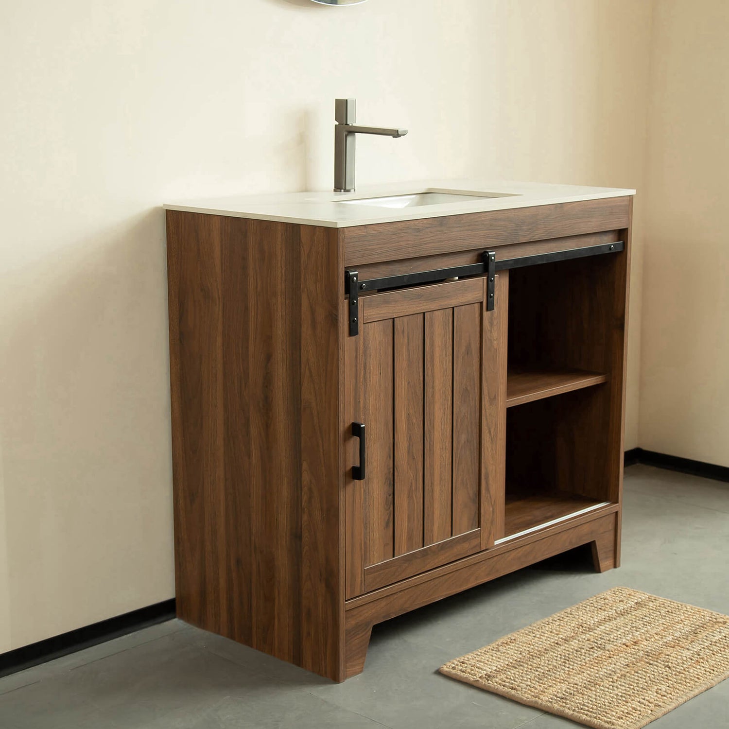 Storage compartments inside sliding barn door bathroom vanity