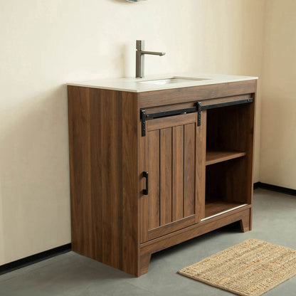 Storage compartments inside sliding barn door bathroom vanity