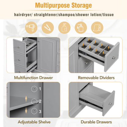 Storage details of the 36 inch grey bathroom vanity with hairdryer storage rack