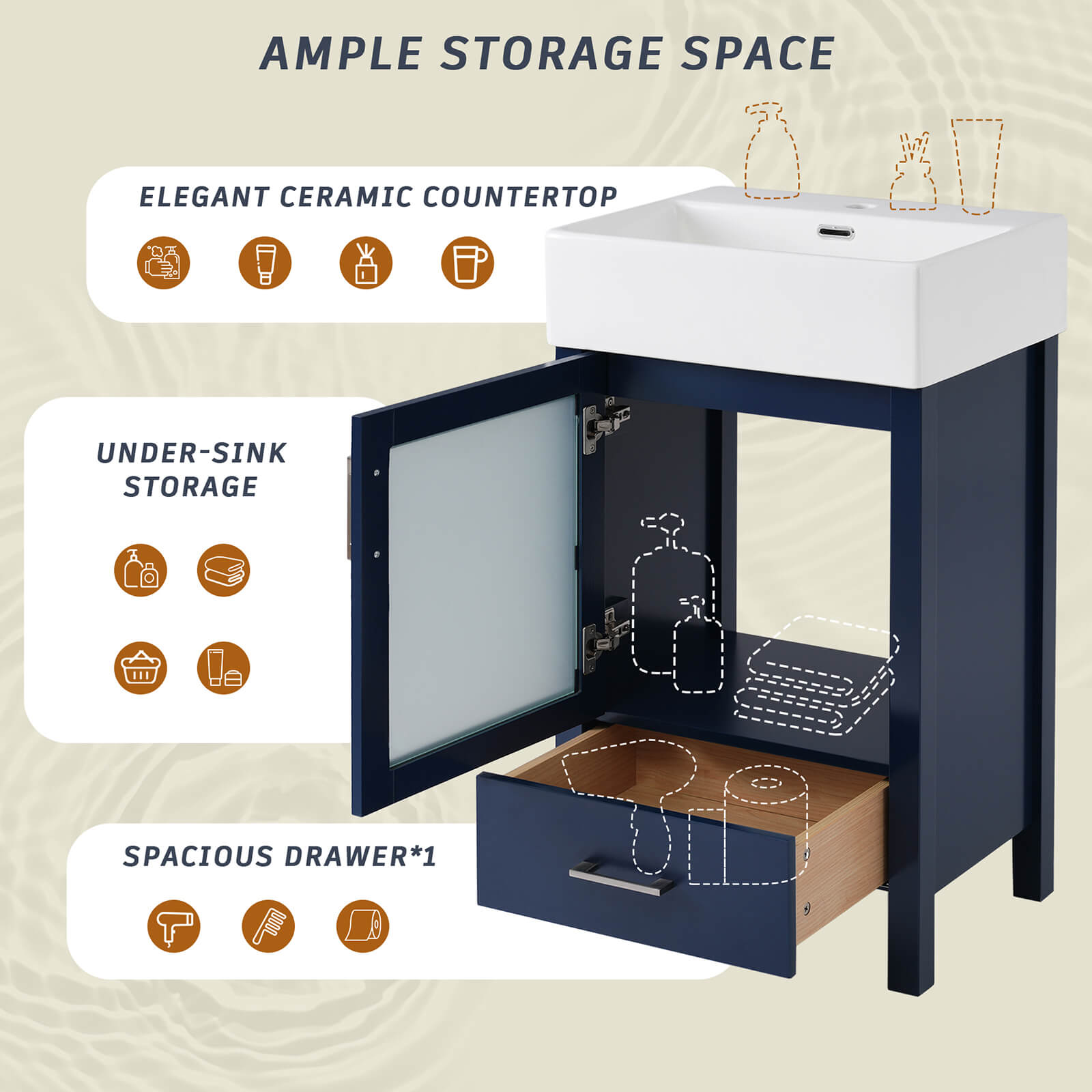 Storage diagram for a 20 inch blue dresser with frosted glass doors