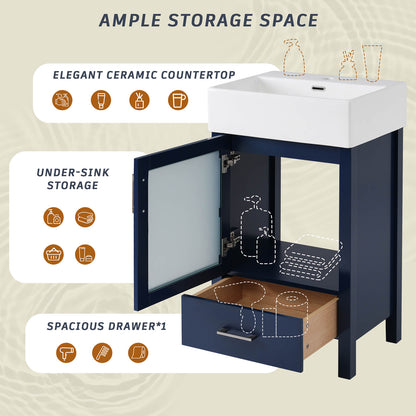 Storage diagram for a 20 inch blue dresser with frosted glass doors