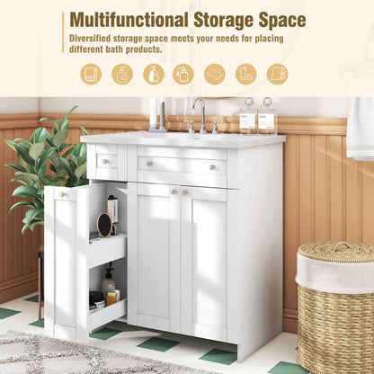 Storage diagram of a 30 inch white bathroom vanity with soft-close doors