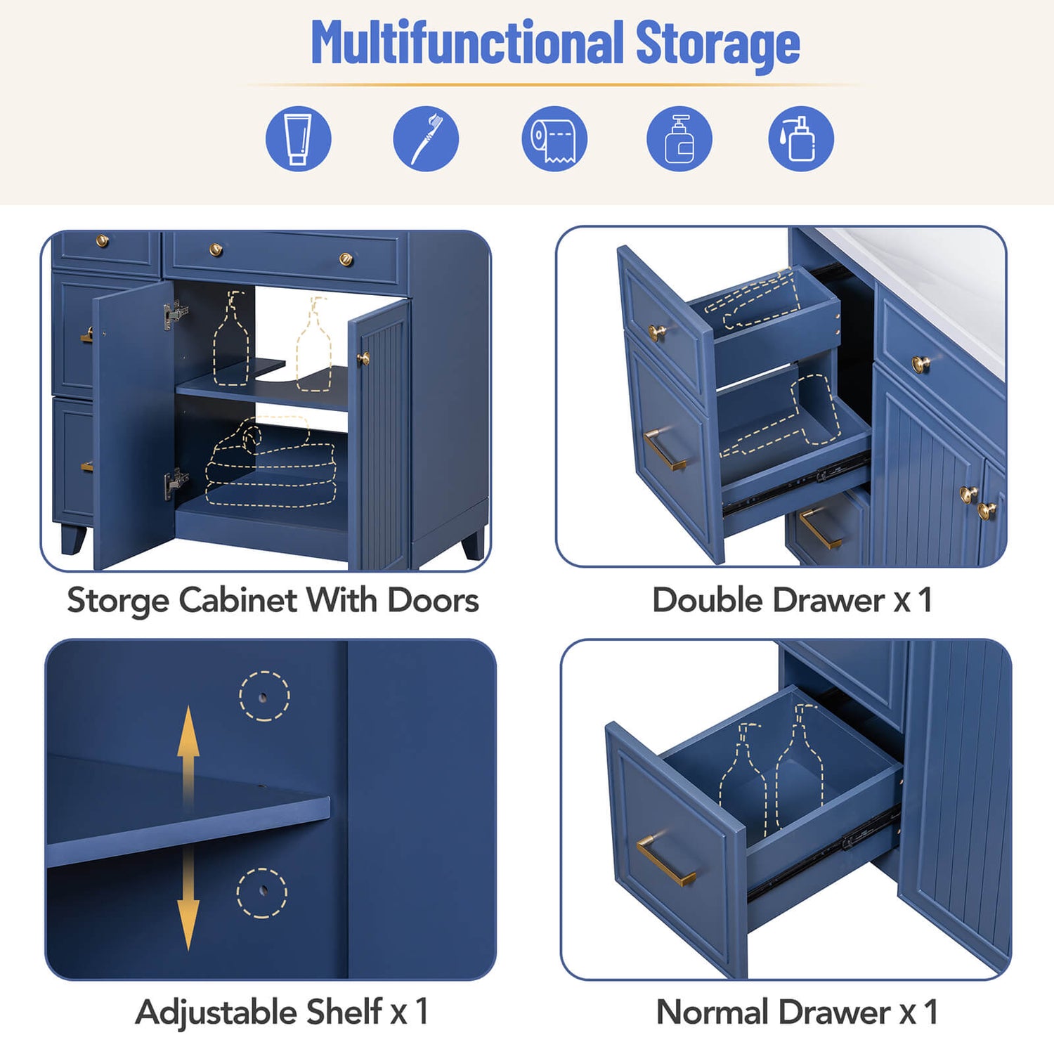Storage diagram of a 36 inch navy blue bathroom vanity cabinet with adjustable shelves