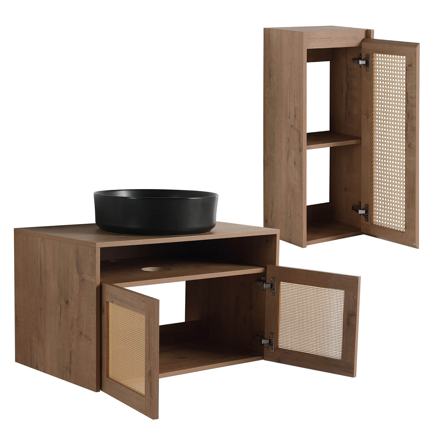 Storage space display of 30" White Oak Floating Vanity and 12" Wall-Mounted Cabinet