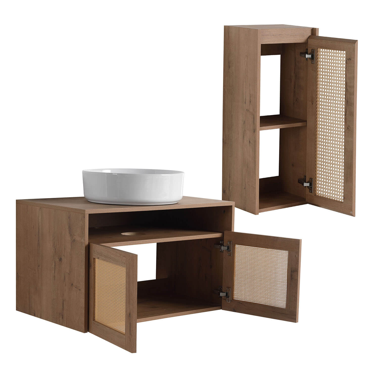 Storage space display of 30 inch White Oak Floating Vanity  and 12 inch Wall-Mounted Cabinet