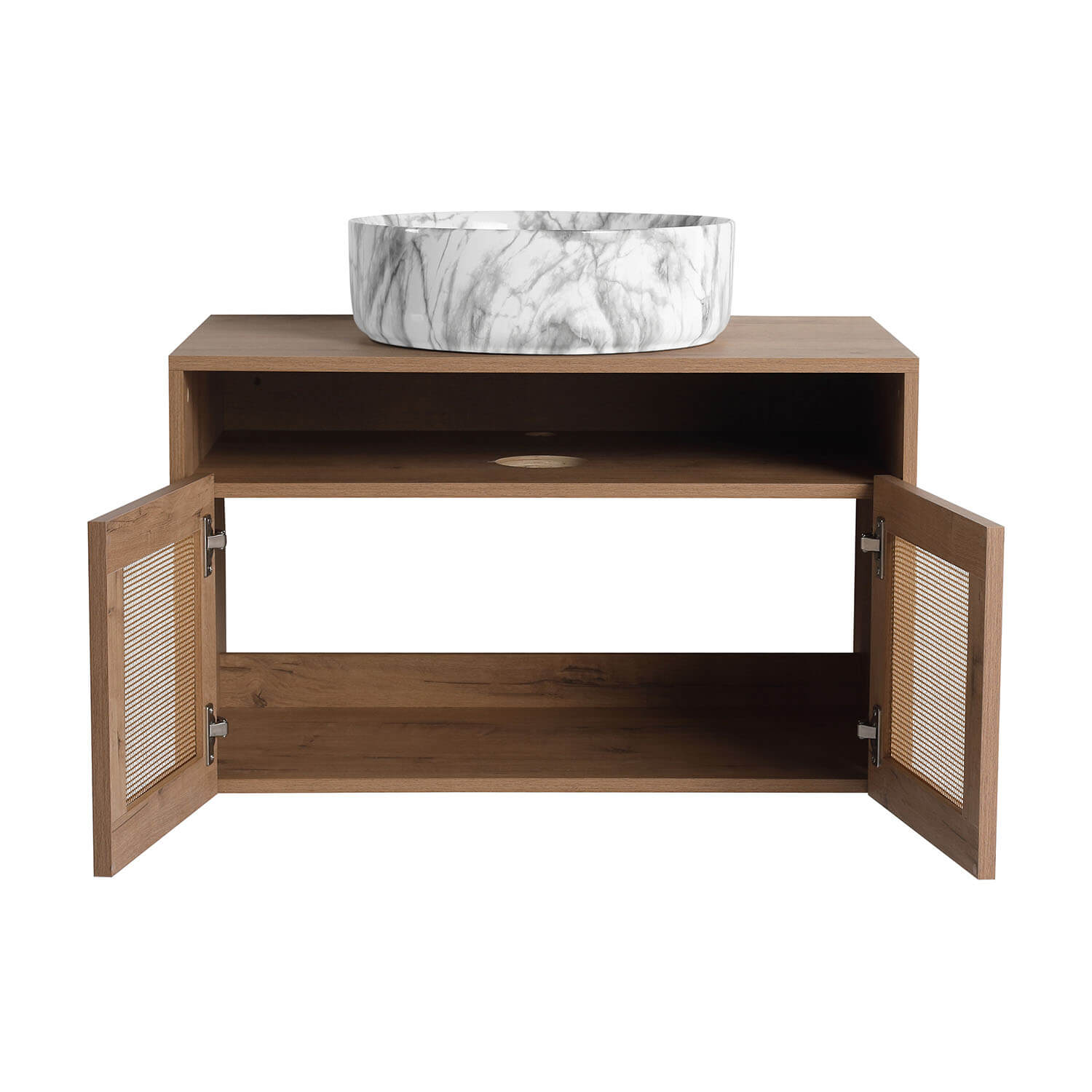 Storage space display of 30 inch White Oak Floating Vanity with Marble-Veined Ceramic Sink