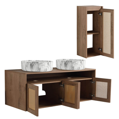 Storage space display of the 48 inch bathroom vanity and 12 inch wall-mounted cabinet