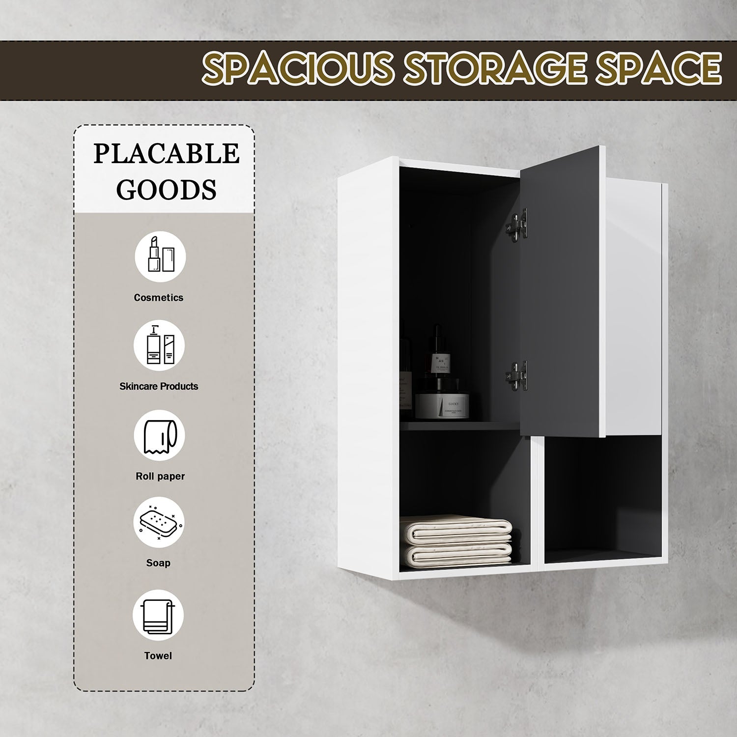 Storage space of 24 inch White Bathroom Wall Cabinet with Soft Close Doors and Open Shelves