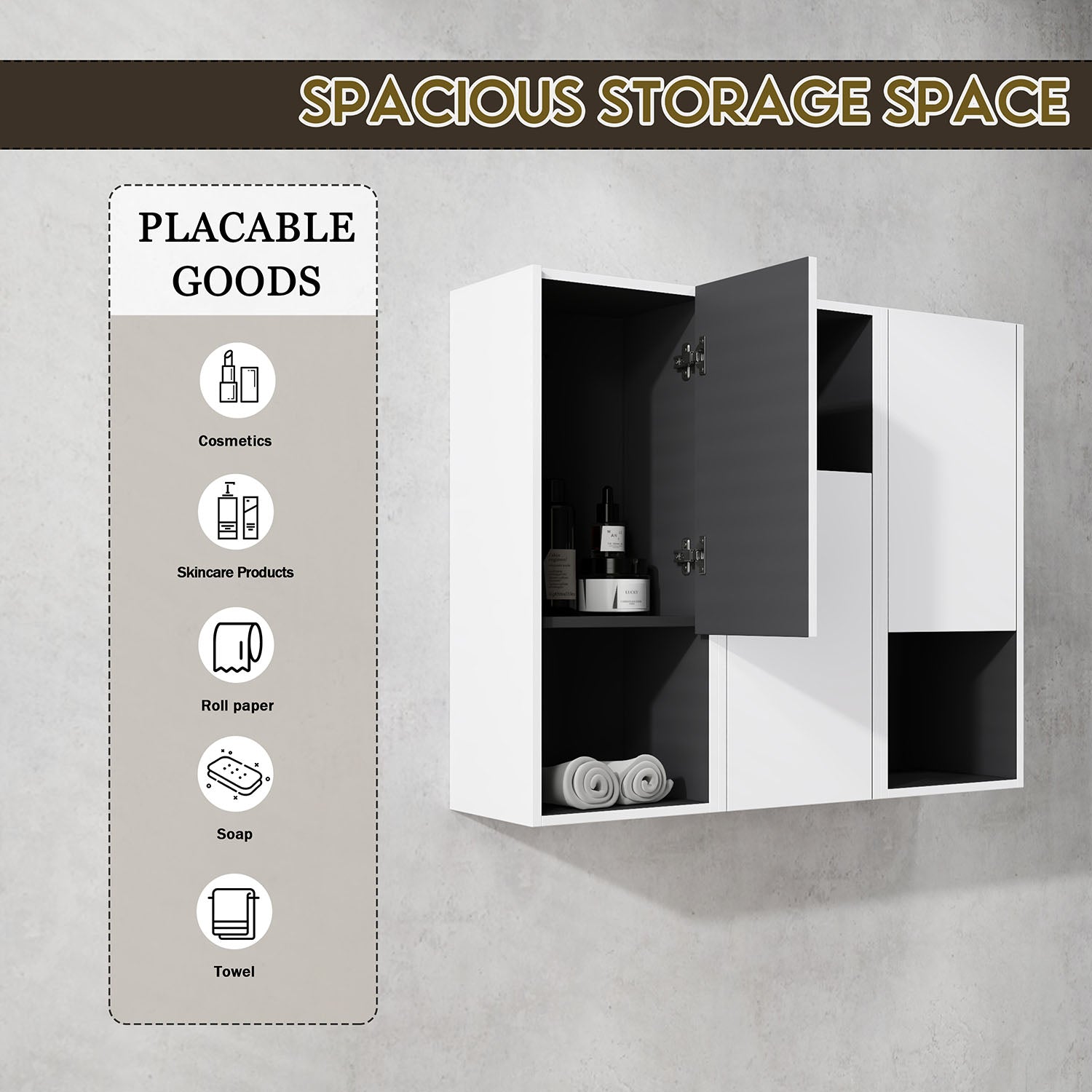 Storage space of 36 inch White Bathroom Wall Cabinet with Soft Close Doors and Open Shelves