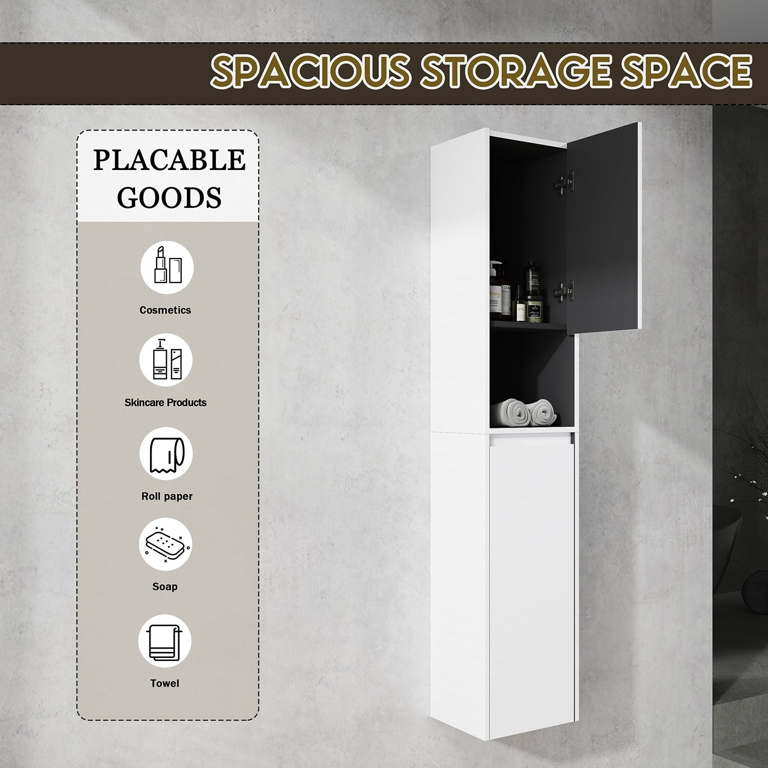 Storage space of 59 inch Tall Bathroom Wall Cabinet
