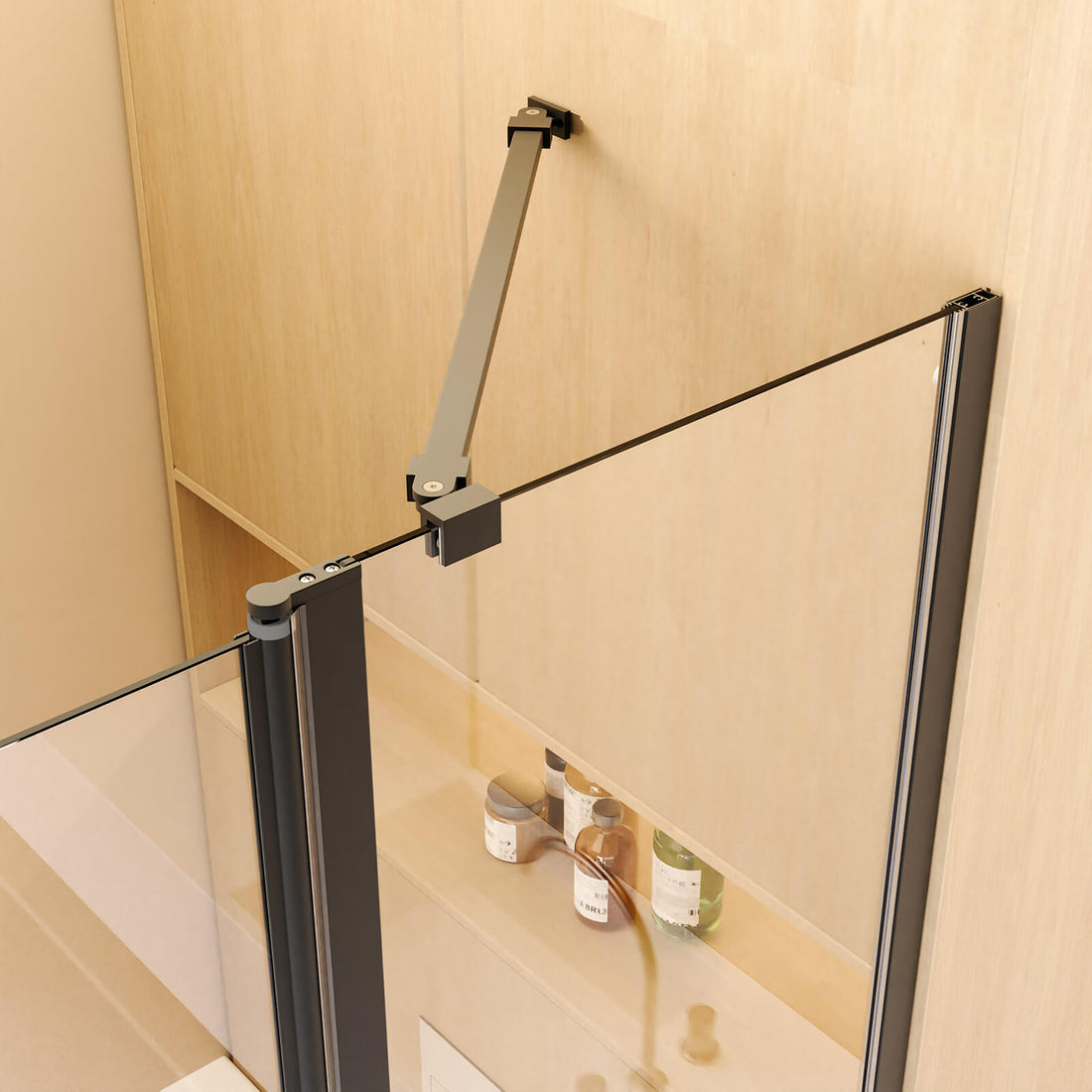 Sturdy triangular support structure on black glass shower door
