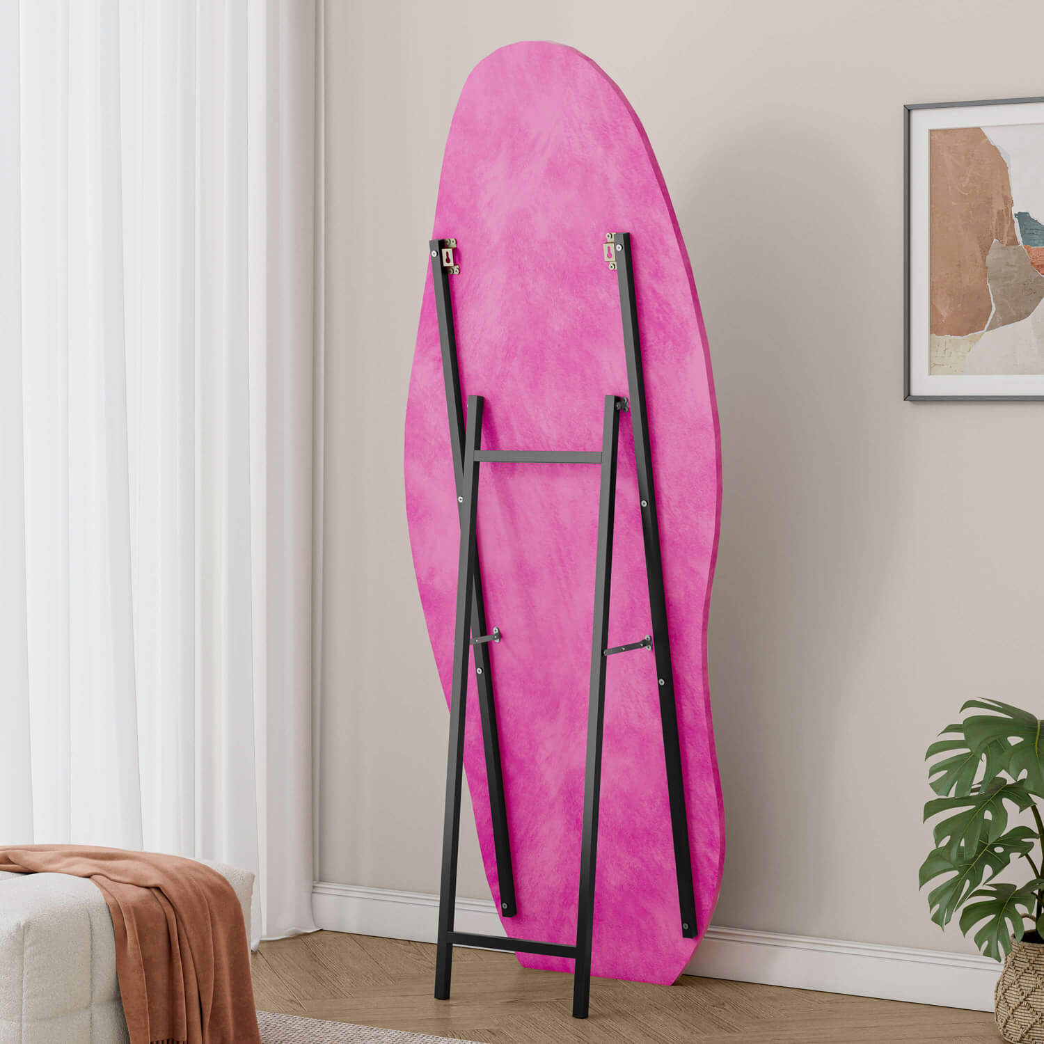 Sturdy back stand of pink organic mirror with dual mounting option