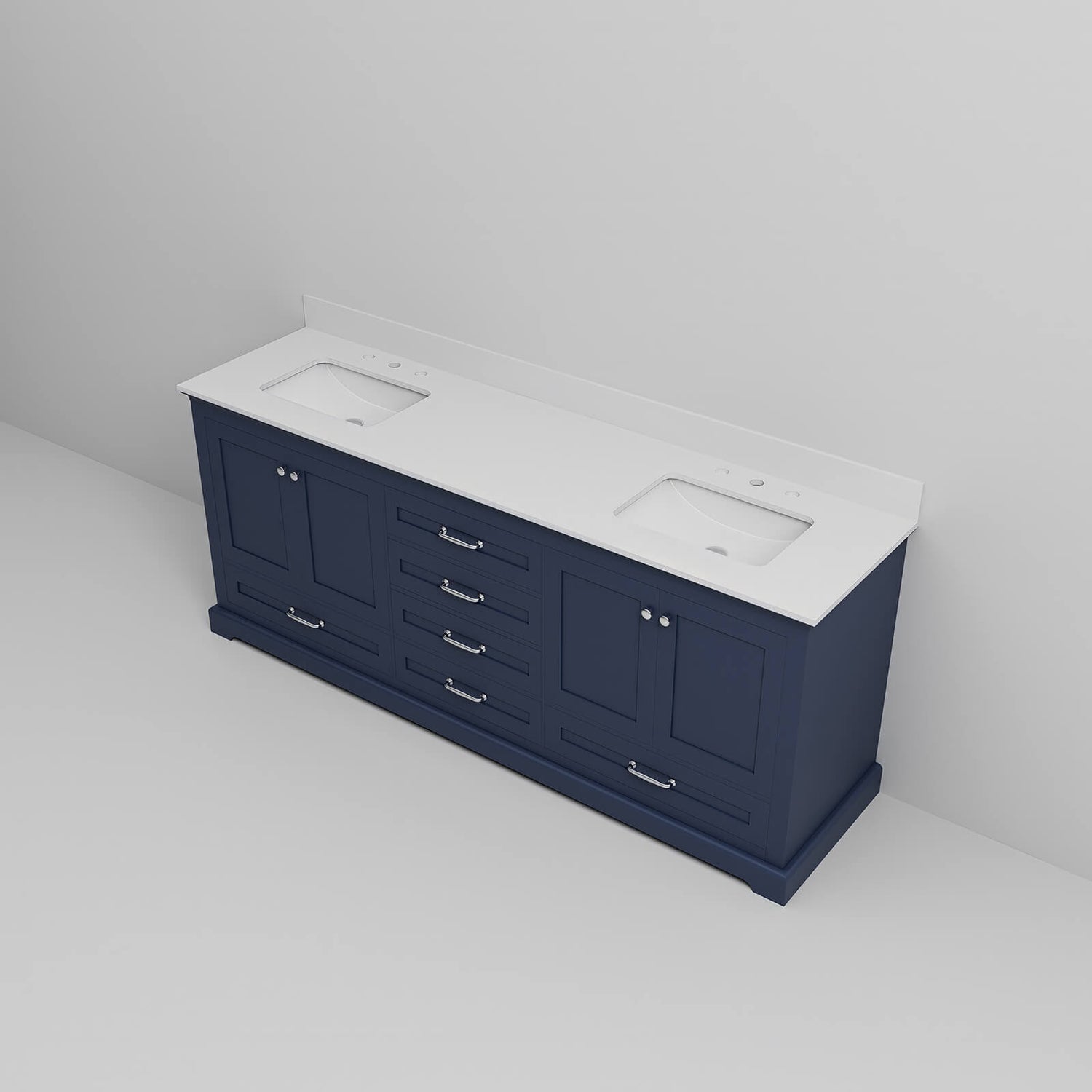 Stylish 80 inch blue vanity unit with white veined marble countertop and backsplash