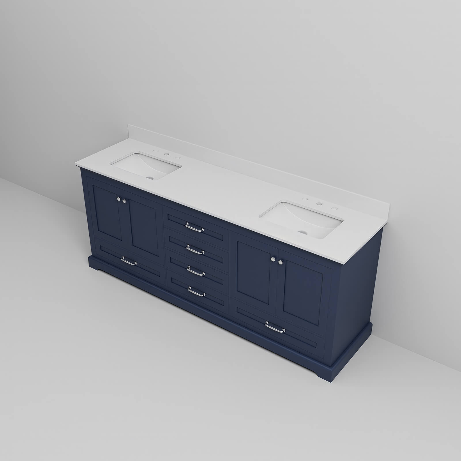 Stylish 80 inch blue vanity unit with white veined marble countertop and backsplash