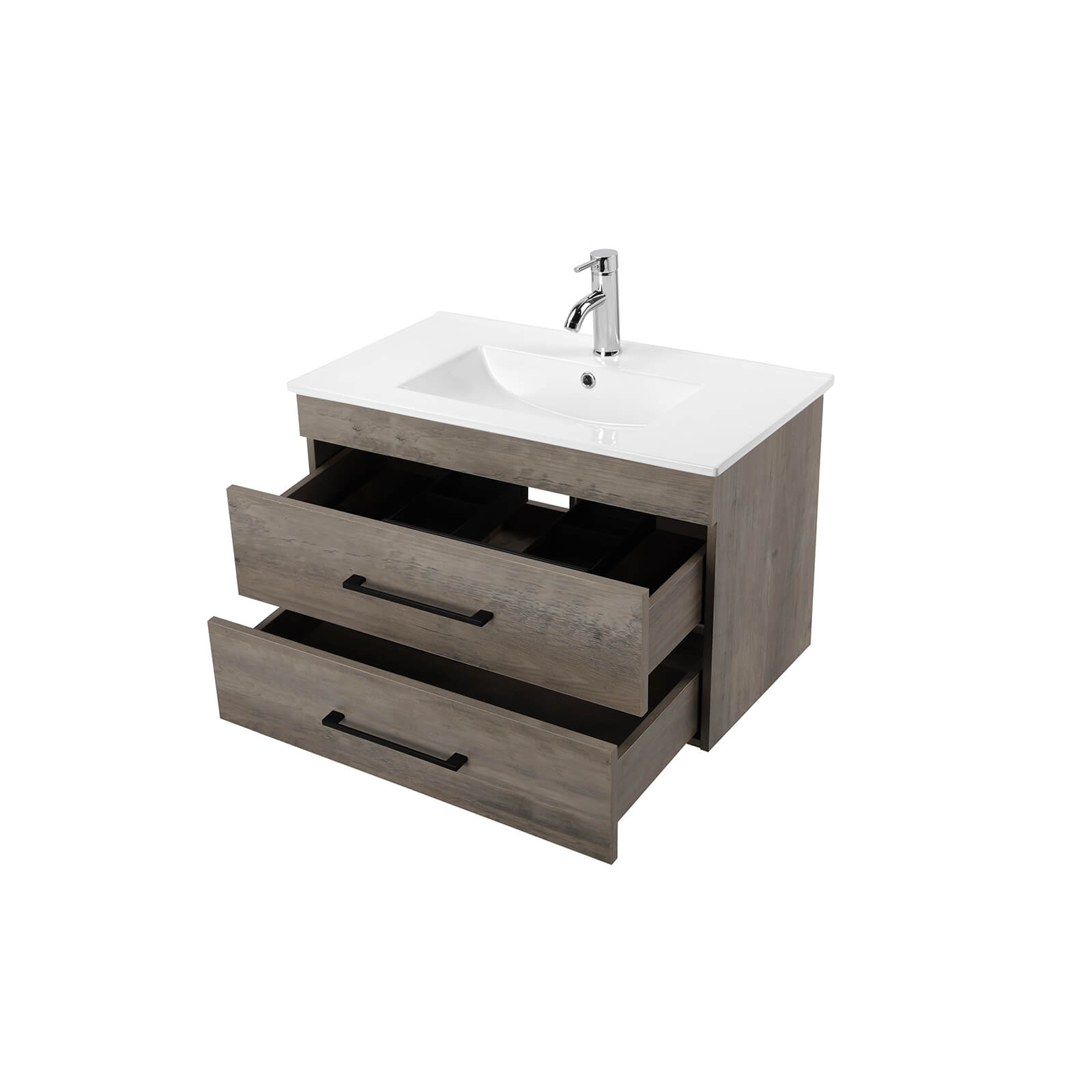 Stylish bathroom vanity with gray textured wood grain