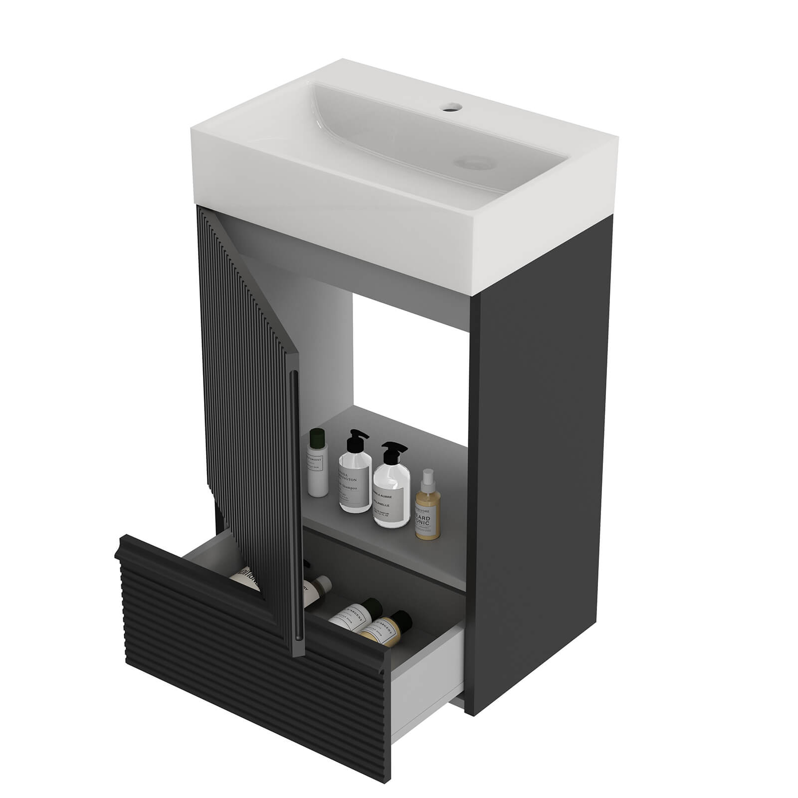 Stylish black freestanding vanity with modern fluted texture