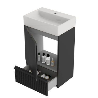Stylish black freestanding vanity with modern fluted texture