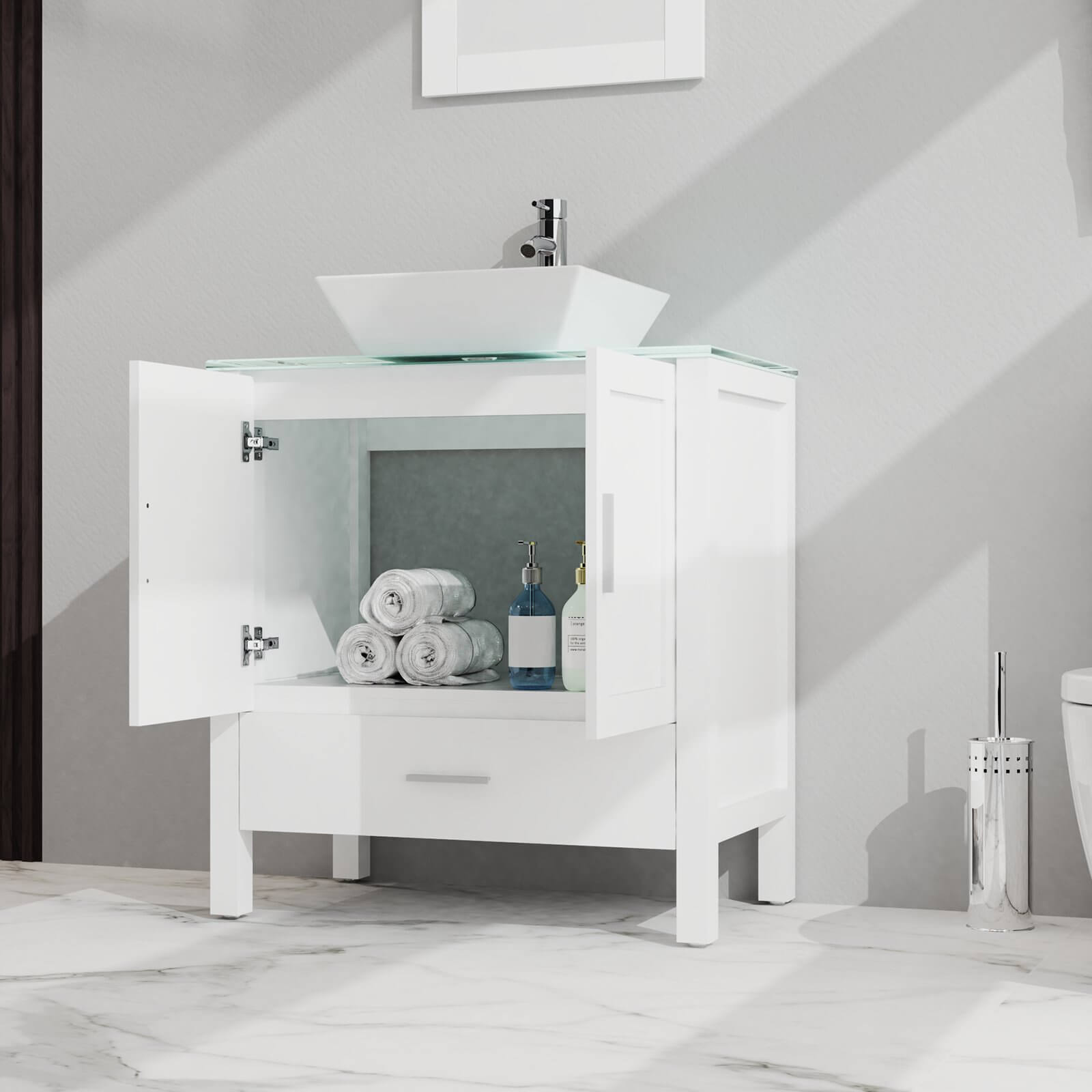 30 Bathroom Vanity and Sink Combo Glass Top Cabinet W Mirror White