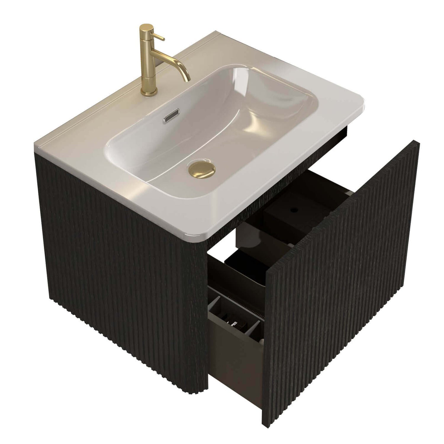 Stylish black bathroom vanity with a white ceramic sink designed to maximize space with its floating design