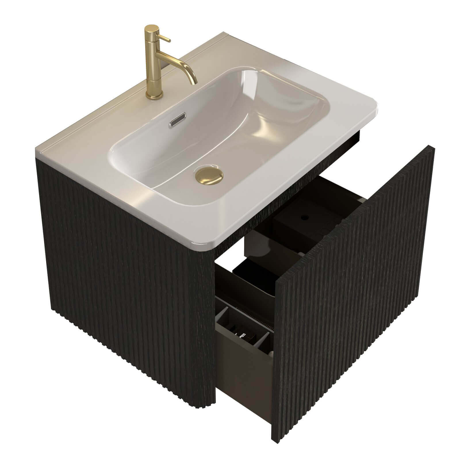 Stylish black bathroom vanity with a white ceramic sink designed to maximize space with its floating design