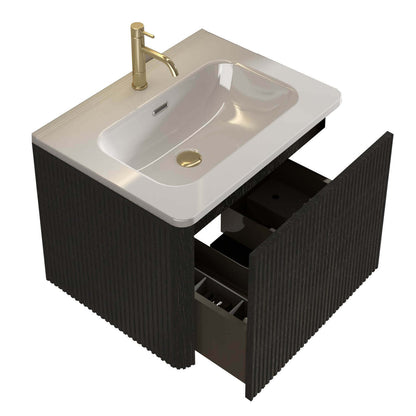 Stylish black bathroom vanity with a white ceramic sink designed to maximize space with its floating design
