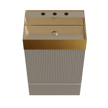 Stylish fluted gray vanity with integrated three-hole sink