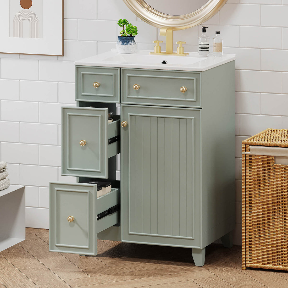 Stylish light gray-green vanity in modern bathroom setting