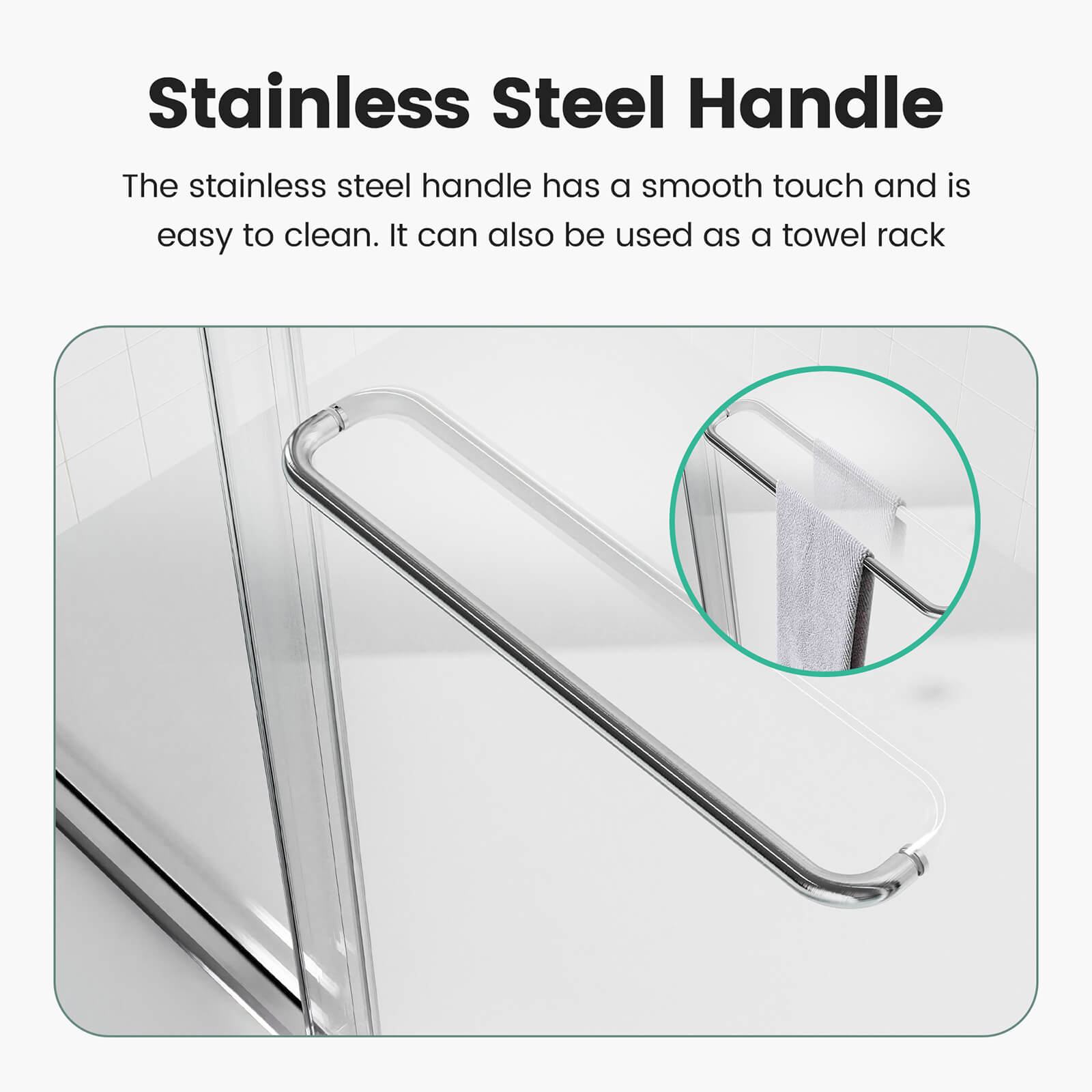 Tempered glass shower door with PVC seals and ergonomic handle