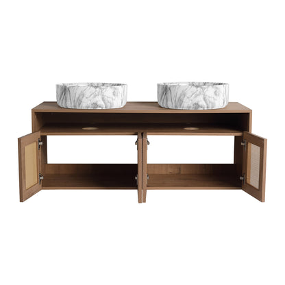 The bathroom vanity has ample storage space