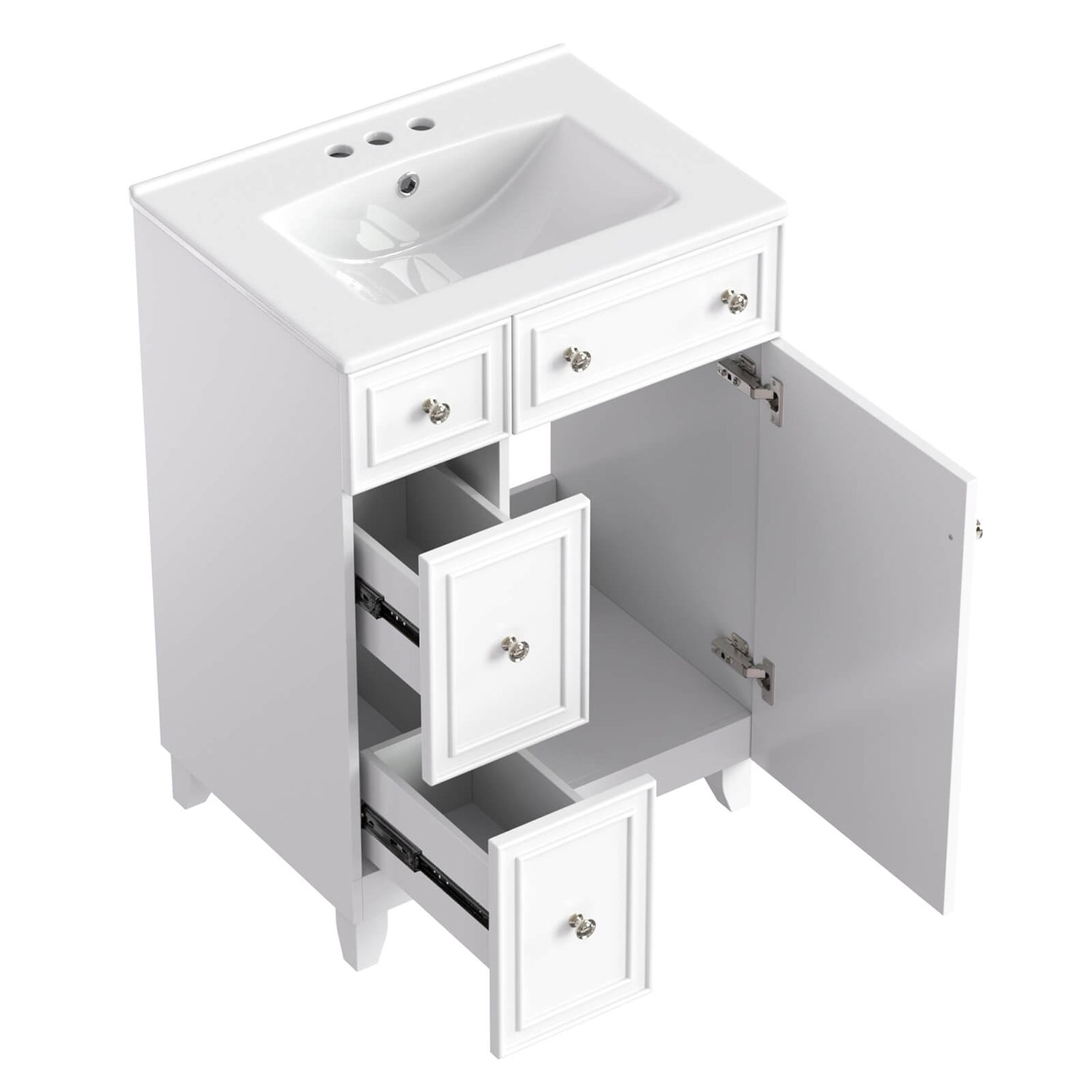 The reinforced base of the 24-Inch White Vanity ensuring sturdy and stable use
