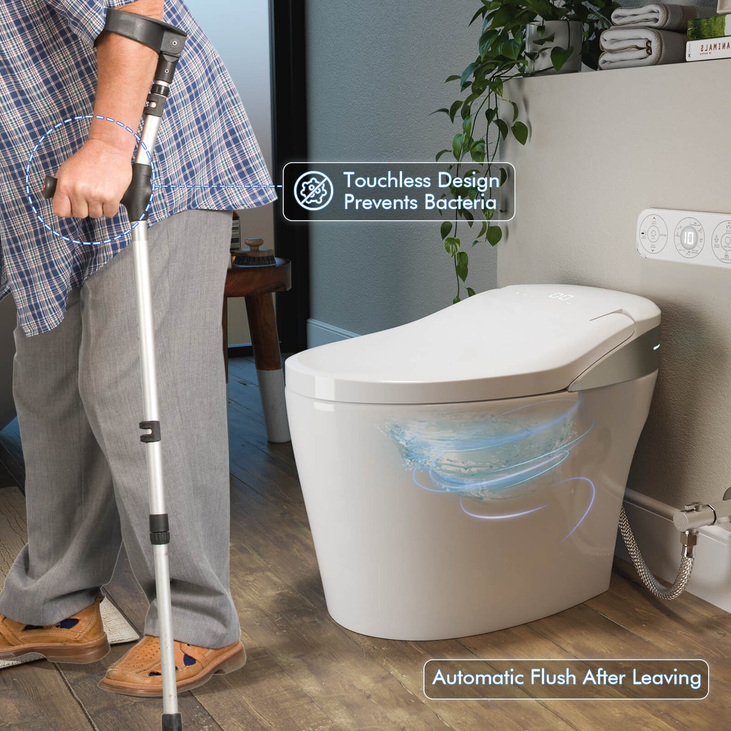 The smart toilet automatically flushes after the elderly leaves after using it