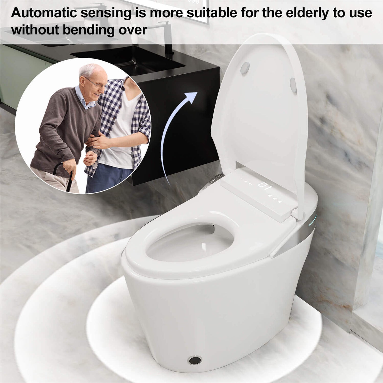 The toilet lid will open automatically when the elderly approach it without bending over