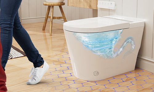 The toilet will automatically close and flush after 90 seconds of the person leaving the toilet
