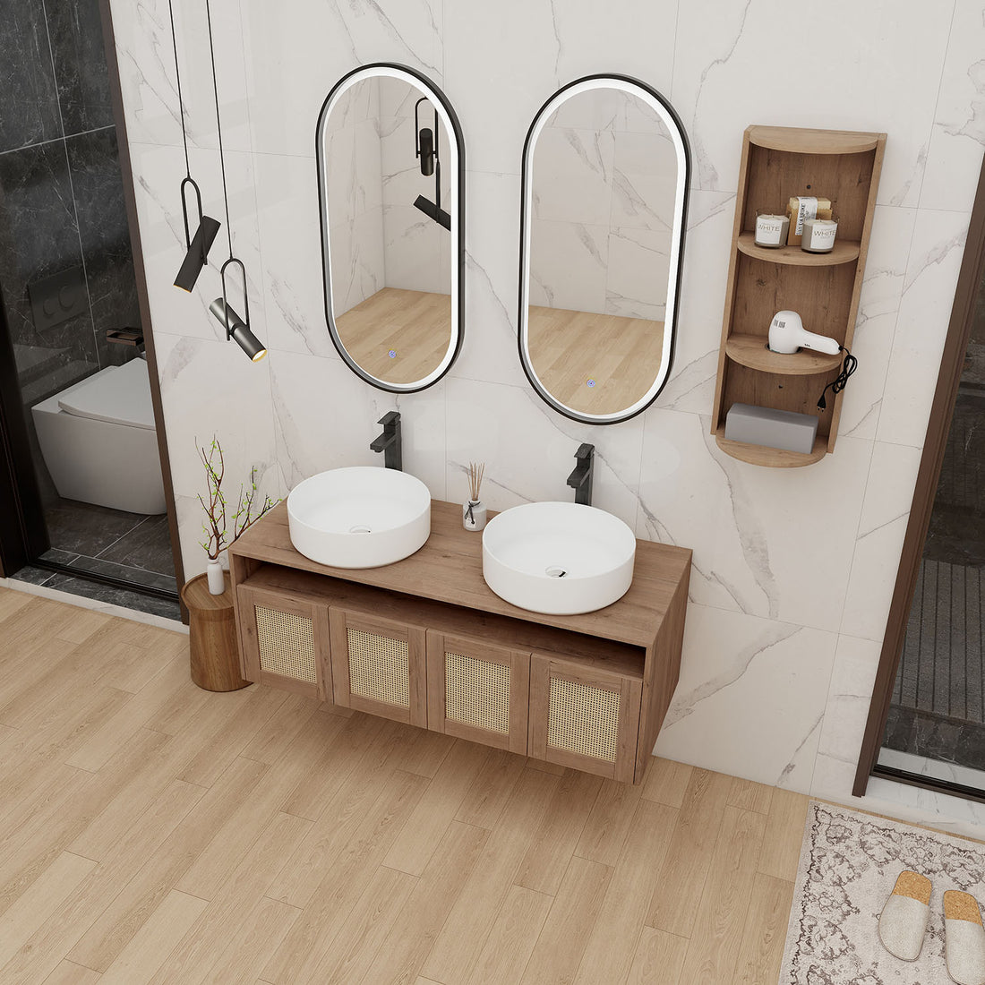 The top view of 48 inch Floating Vanity and 12 inch Wall Storage Cabinet