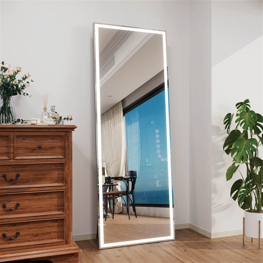 Tilted LED full length mirror with bright edge illumination and adjustable angle
