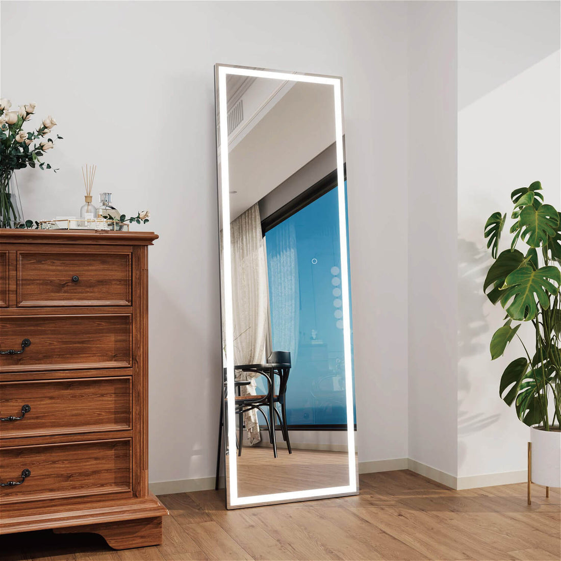 Tilted LED full length mirror with bright edge illumination and anti-fog function