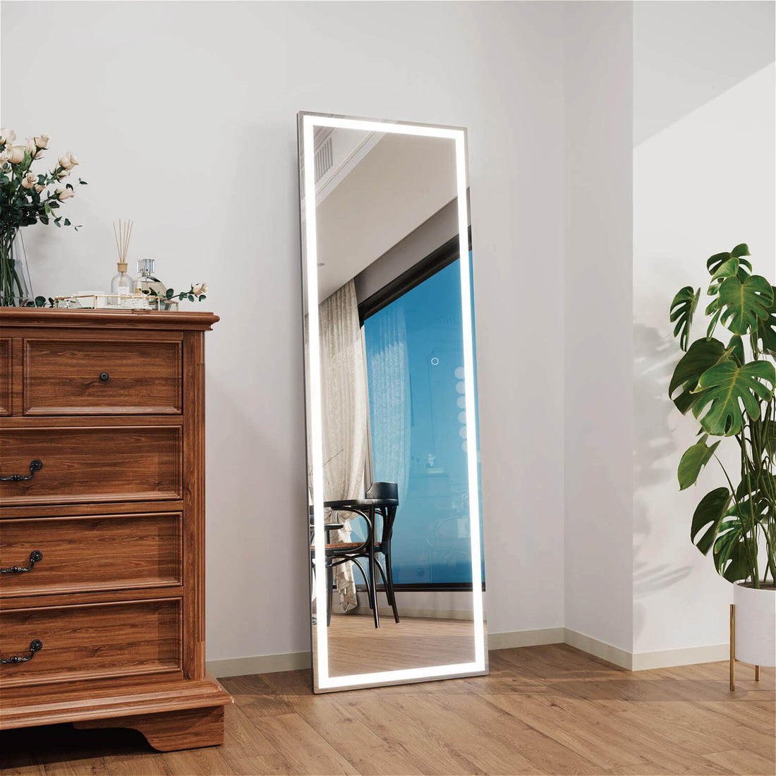 Tilted LED full length mirror with bright edge illumination and narrow frame