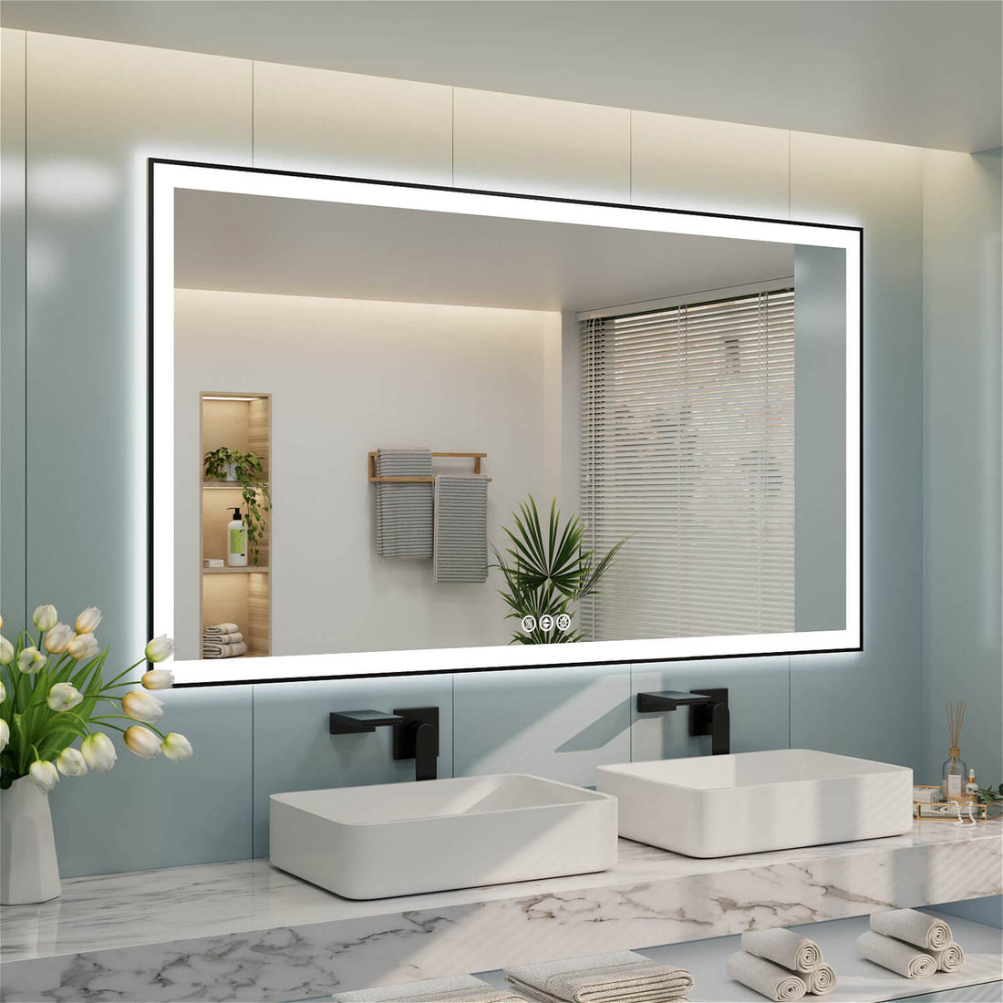 Tilted dual sink rectangular LED bathroom mirror with bottom-middle touch controls