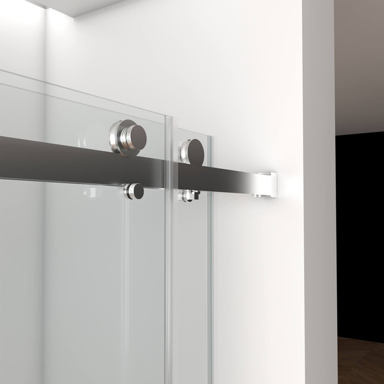 Top rail of brushed nickel shower door with trim guide