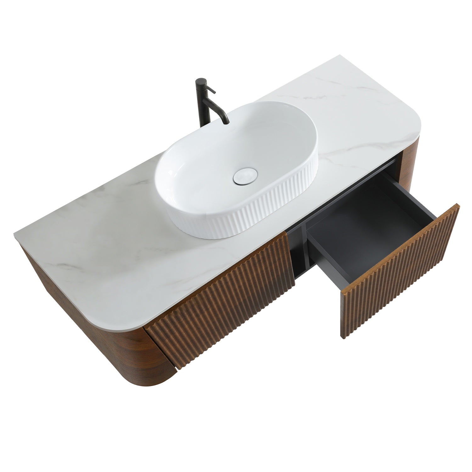Top Angle Open Drawer Fluted Walnut Bathroom Vanity Storage