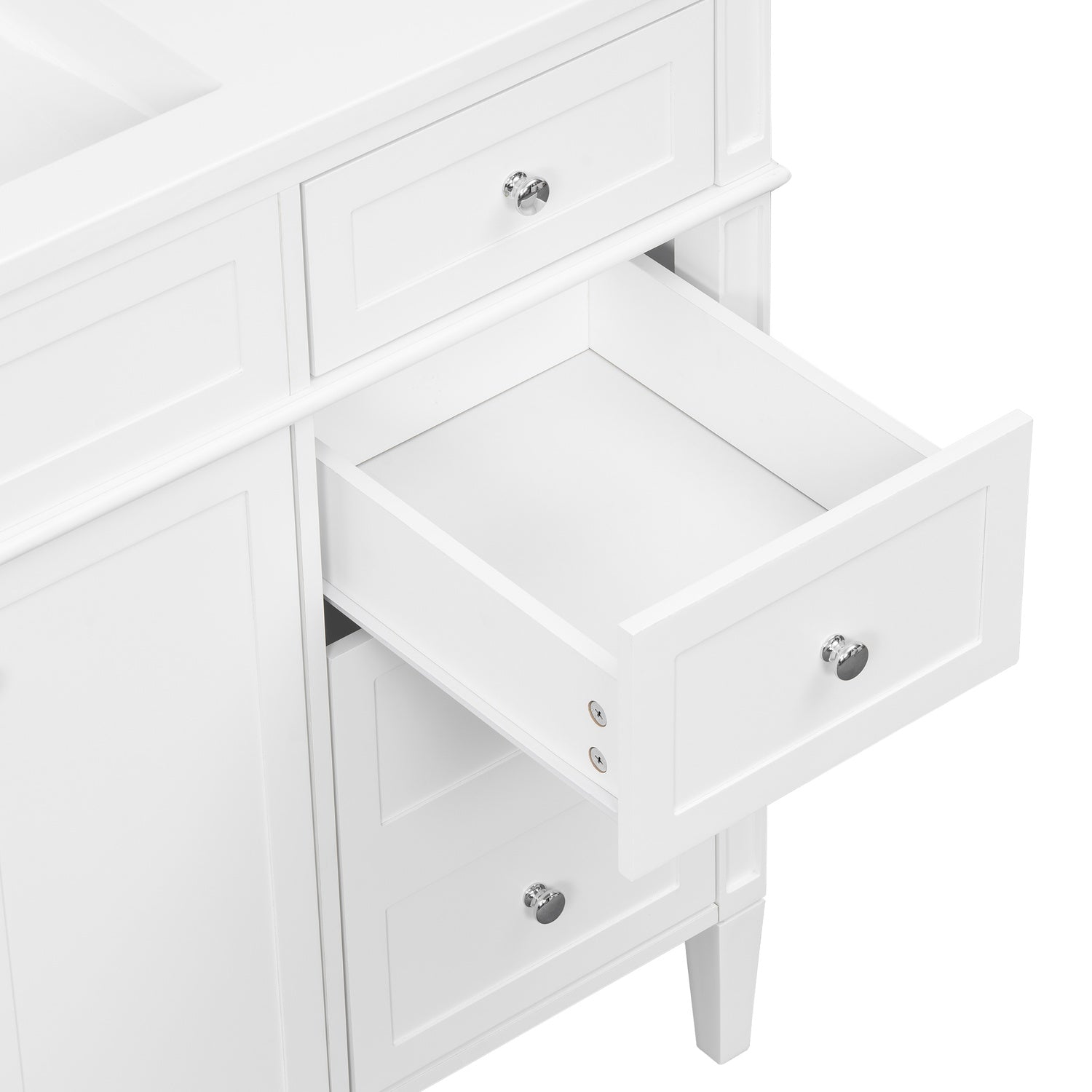 Top Corner Angle View Open Upper Drawer Freestanding Vanity