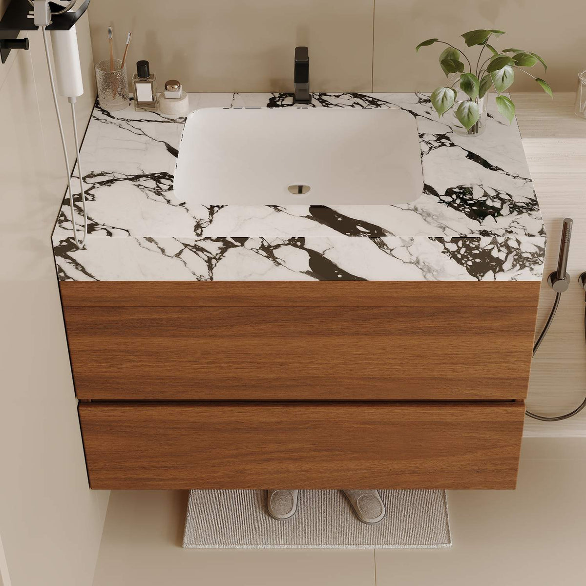 Top Down View 30 inch Ceramic Sink Undermount Faux Marble Top