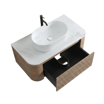 Top Perspective Open Drawer Fluted Oak Bathroom Vanity Pre-assembled