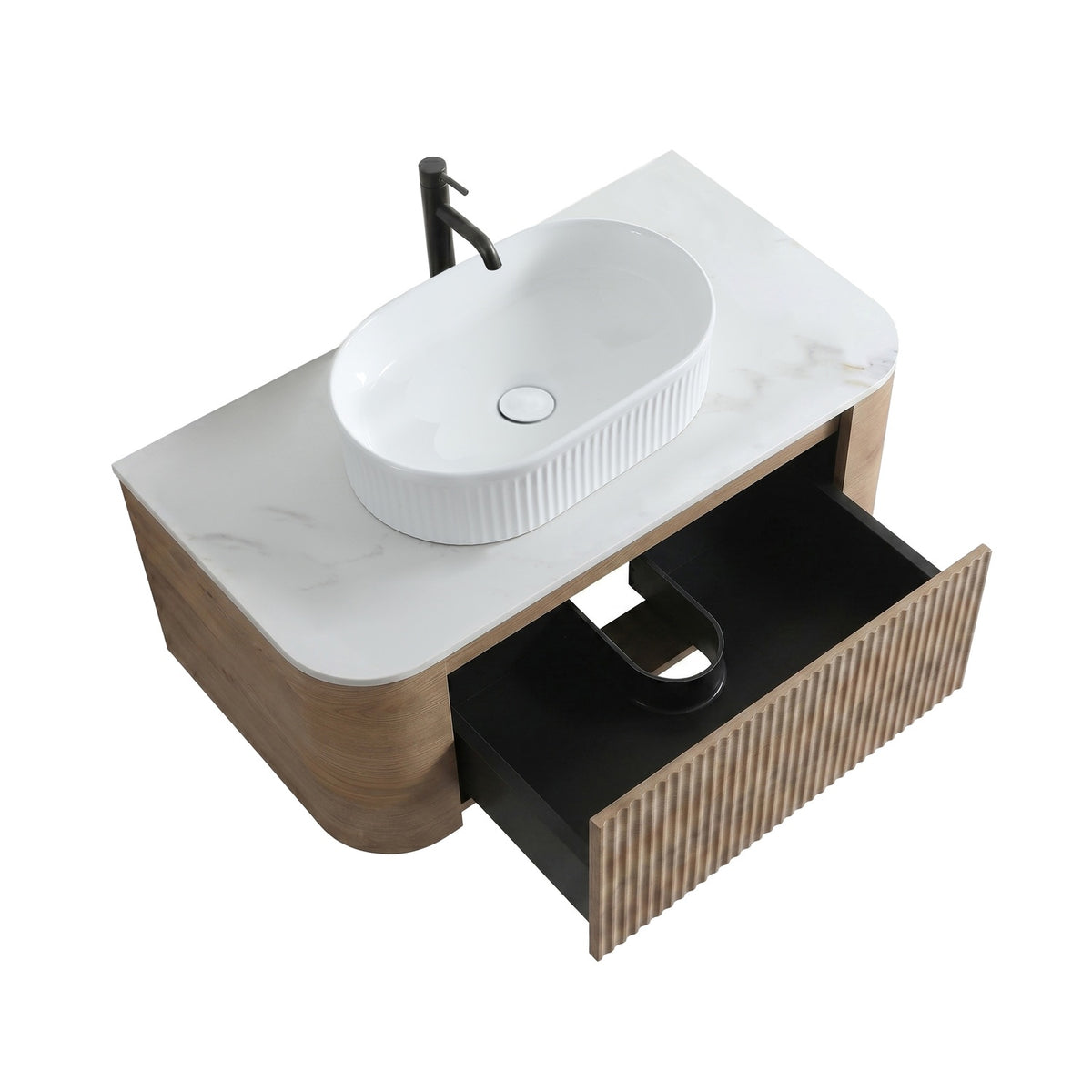 Top Perspective Open Drawer Fluted Oak Bathroom Vanity Pre-assembled