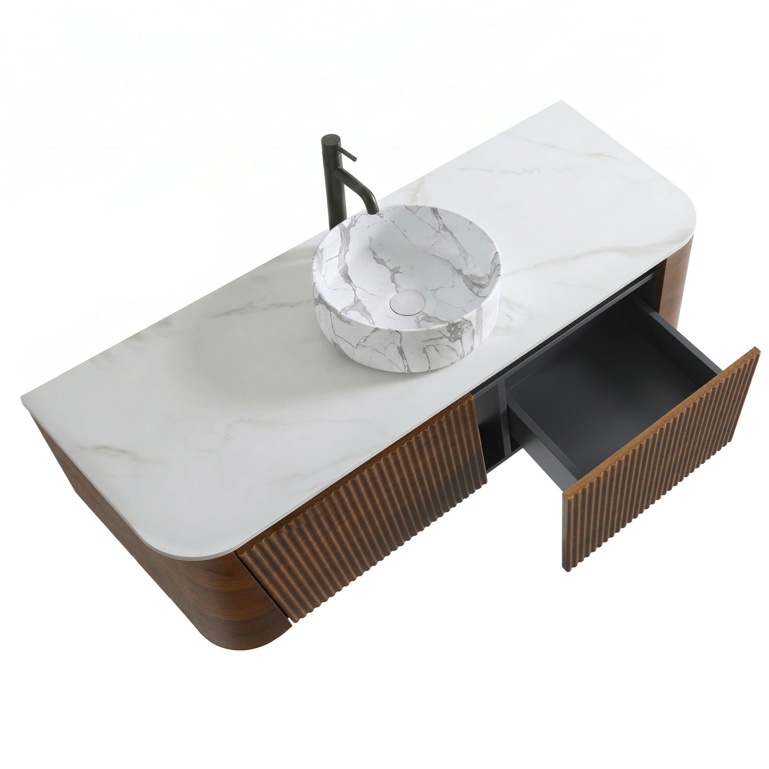 Top Perspective Open Drawer Fluted Wood Bathroom Vanity Pre assembled