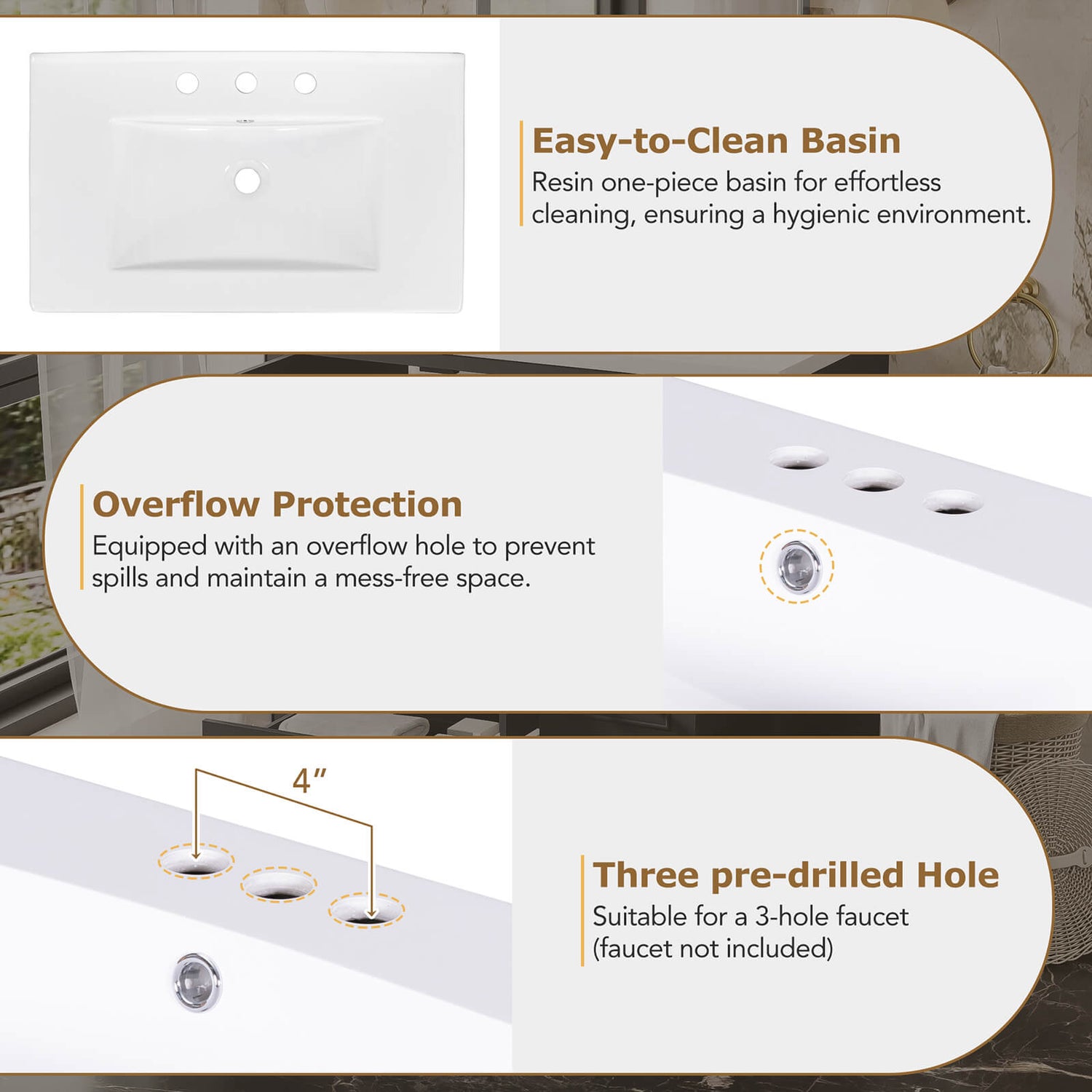 Top Sink Hole Location Instructions for 36 inch Traditional Black Bathroom Vanity with Resin Sink