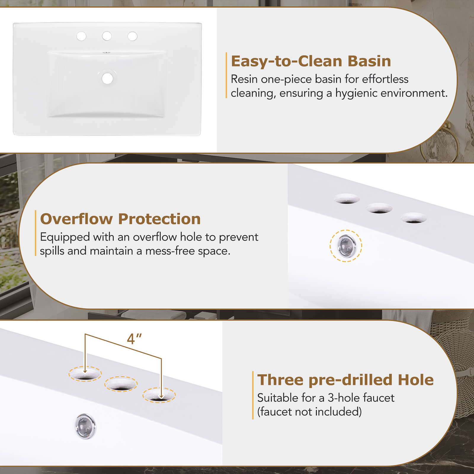 Top Sink Hole Location Instructions for 36 inch Traditional Black Bathroom Vanity with Resin Sink