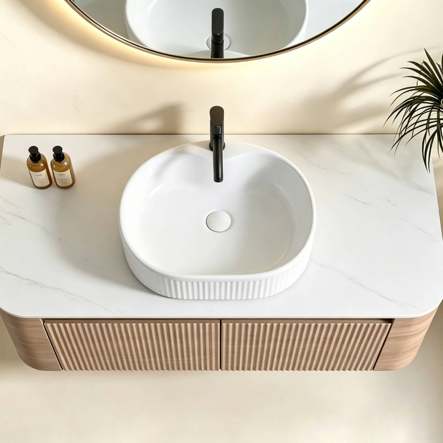 Top View 48 inch White Oak Floating Bathroom Cabinet Ceramic Vessel Sink