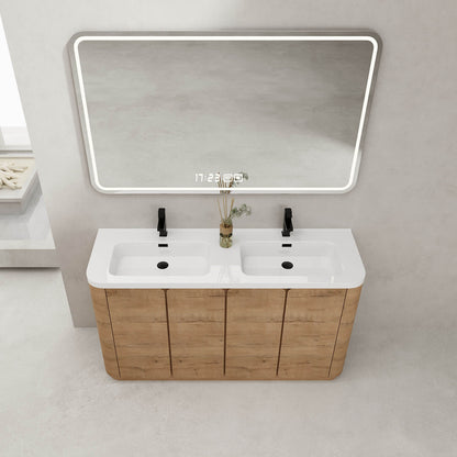 Top angle view of the white oak double sink bathroom vanity with seamless resin sink